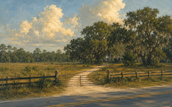 Gouache painting of a long sandy driveway through a pasture toward a farmhouse behind live oaks in west Flagler County