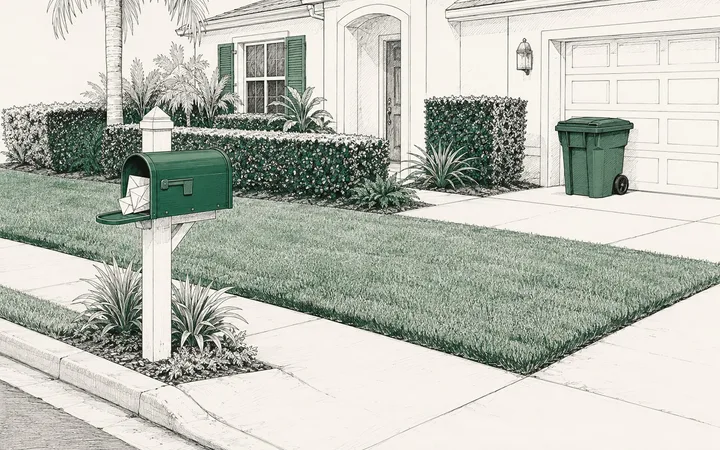 Line-art illustration from the sidewalk of a mailbox, a crisp lawn edge, and a trash can rolled back beside the garage