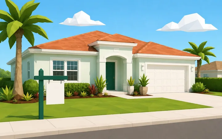 Low-poly illustration of a freshly painted home with new mulch beds and a blank real-estate sign on the lawn