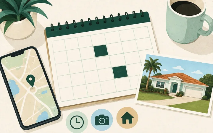 Flat illustration of a desk with a calendar, a phone showing a map pin, and a small photo of a Florida home