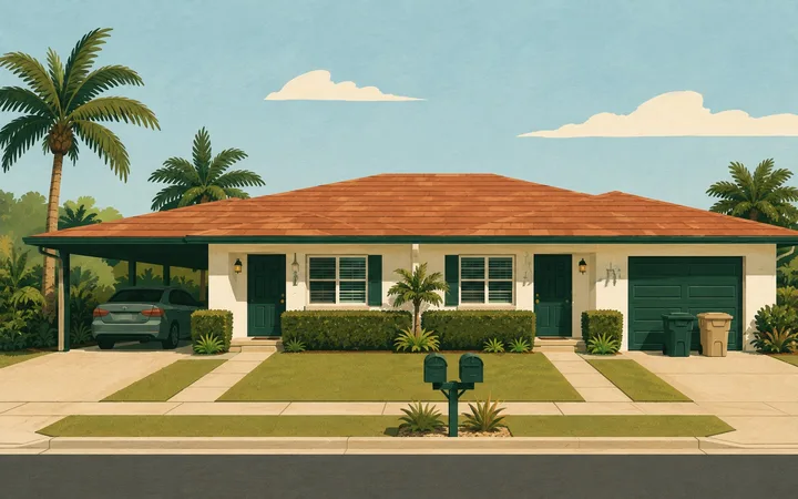 Mid-century style illustration of a tidy Palm Coast duplex with bins by the garage and a trimmed hedge
