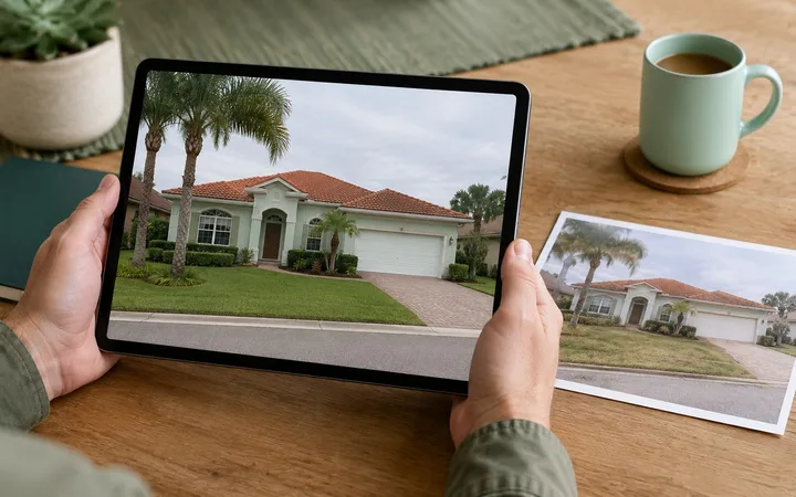 Render of hands holding a tablet showing a street-view photo of a home beside a printed earlier photo