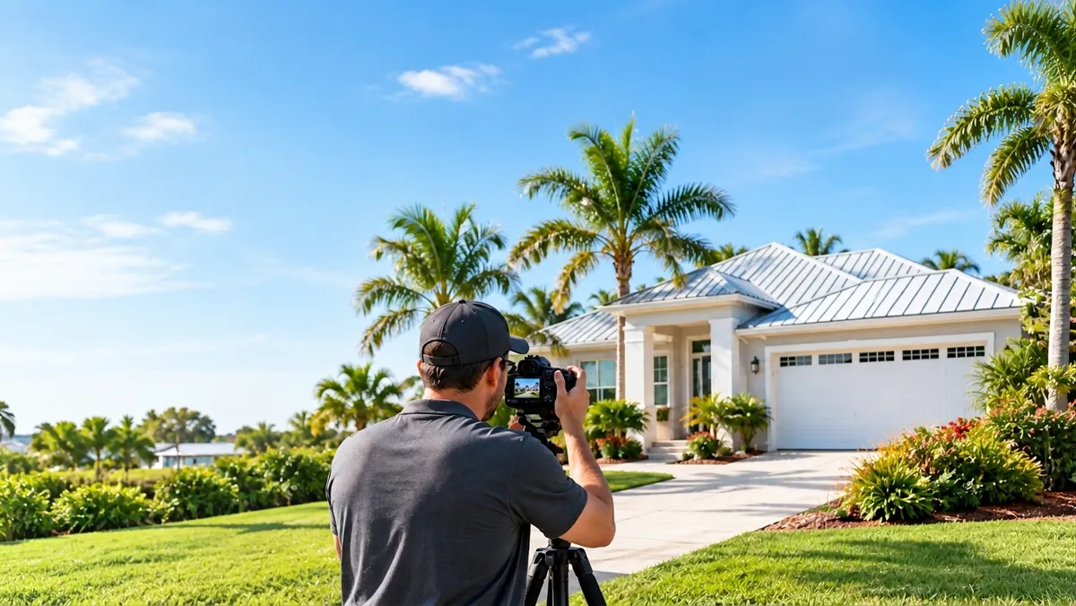 A photographer with a camera on a tripod photographs a white Florida home with palm trees.