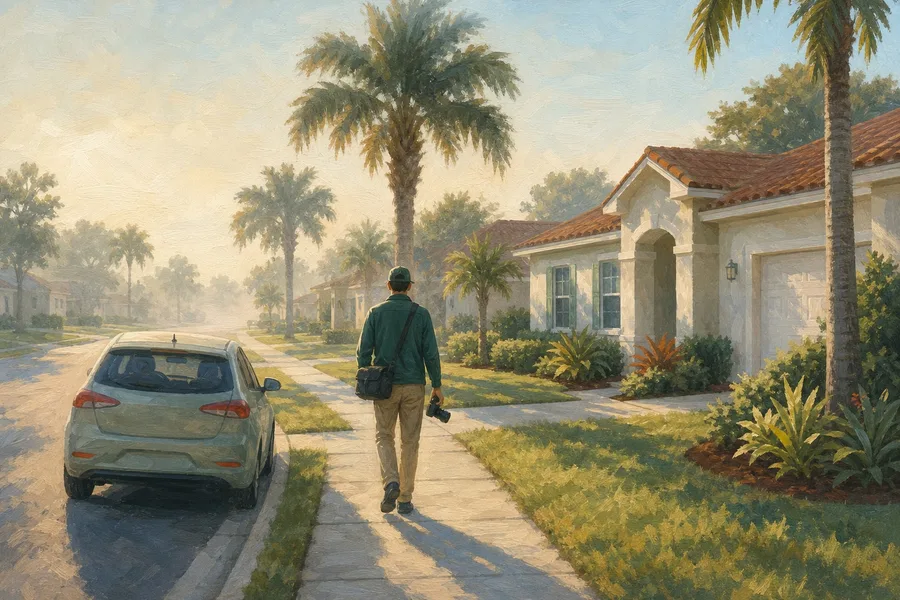 Painting of a quiet Palm Coast street at dawn with a person carrying a camera bag along the sidewalk